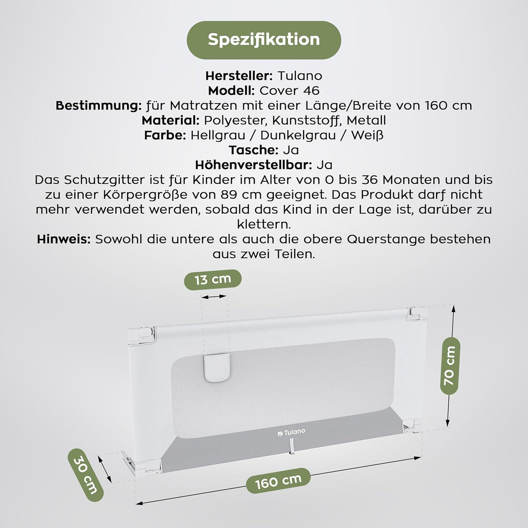 TULANO Cover 46, Bettgitter Kinderbett, Sicherheitsgitter Absenkfunktion, 18-Fach höhenverstellbar,