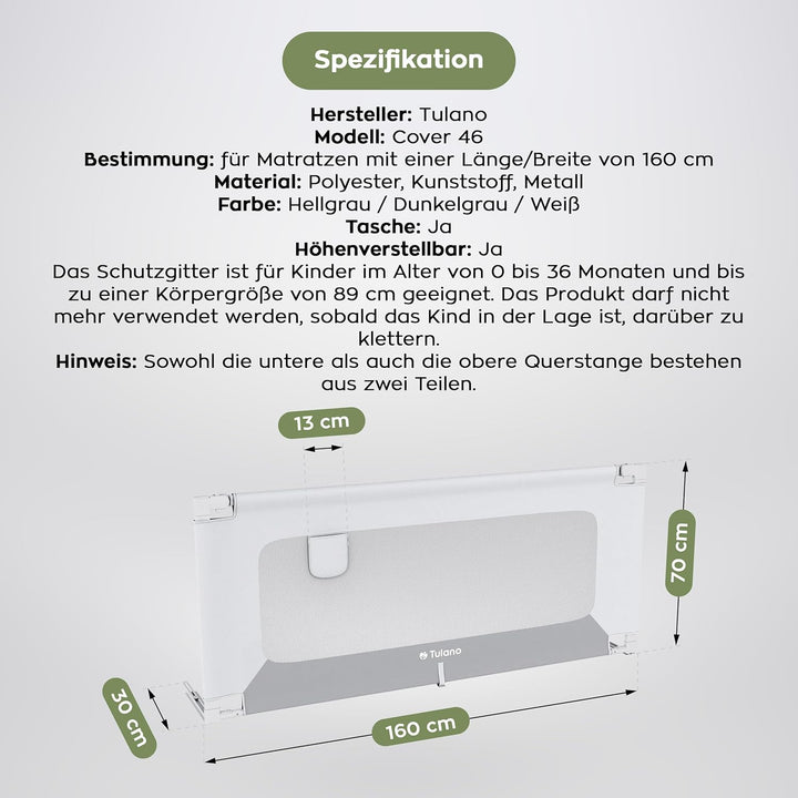 TULANO Cover 46, Bettgitter Kinderbett, Sicherheitsgitter Absenkfunktion, 18-Fach höhenverstellbar,