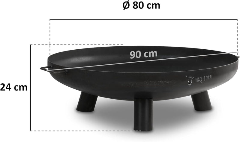 BBQ-Toro Feuerschale Ø 80 cm | Schwarz | Outdoor Feuerstelle mit DREI Standbeinen und Zwei Griffen |