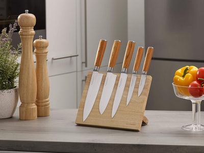 Echtwerk Damastmesser Set 6 Teilig, Holz, Silber, 21,5 x 12,5 x 35,7 cm, 6-Einheiten(5 Messer + Mess