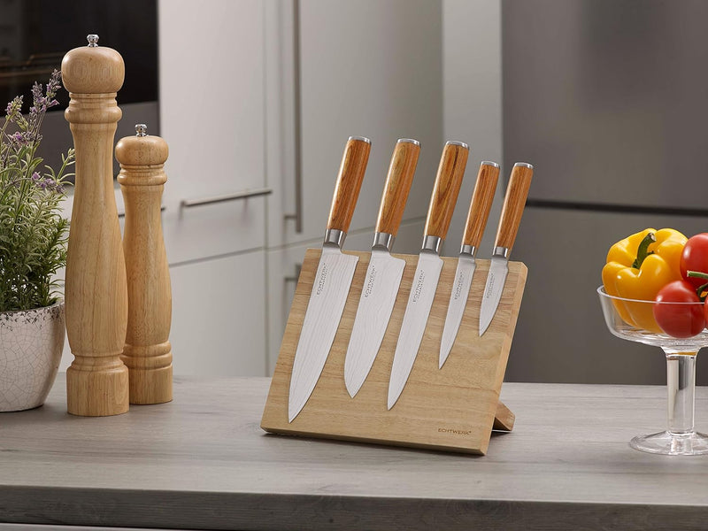 Echtwerk Damastmesser Set 6 Teilig, Holz, Silber, 21,5 x 12,5 x 35,7 cm, 6-Einheiten(5 Messer + Mess