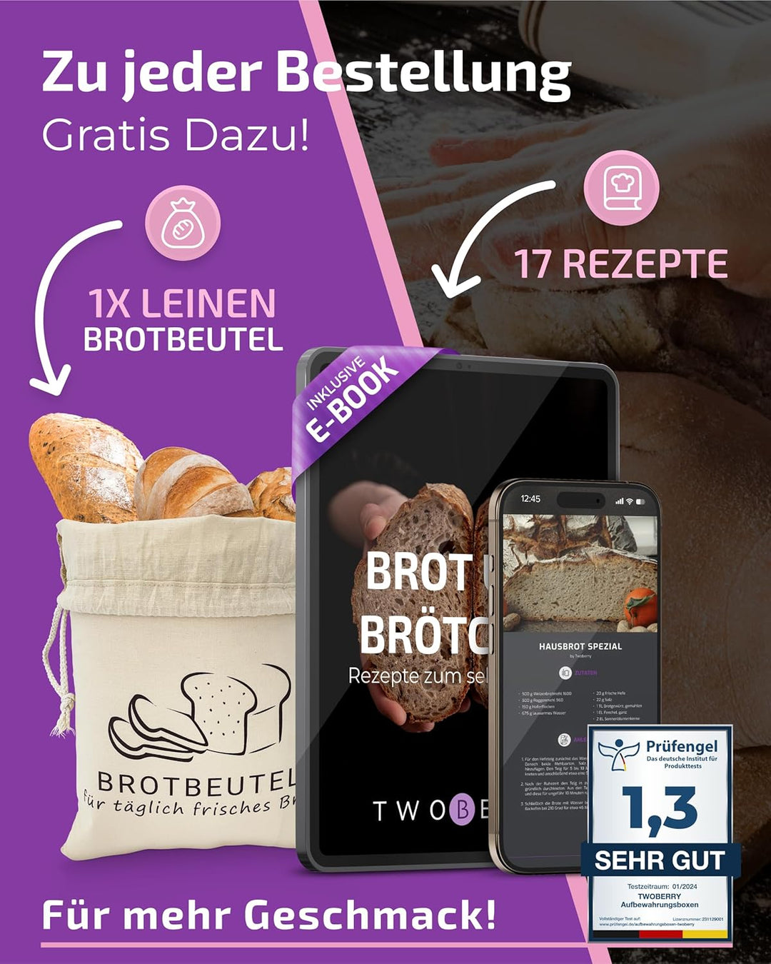Brotkasten Schwarz – Brotbox mit Bambusdeckel als Schneidebrett [2in1 Brotbehälter]- inklusive grati