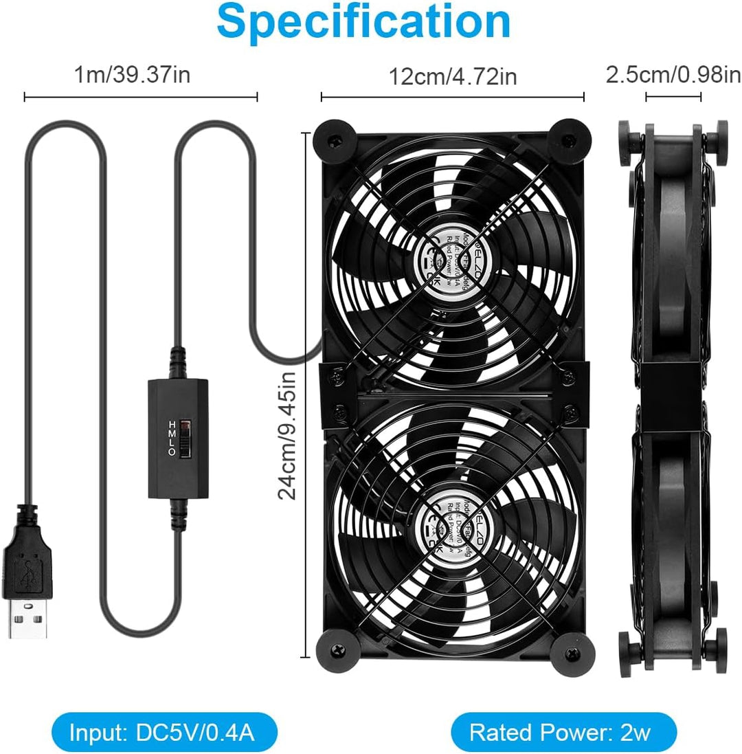 ELZO 2 in 1 Dual USB Lüfter 120mm 5V, Doppelt USB Ventilator 120mm PC Computer Lüfter mit 3 Einstell