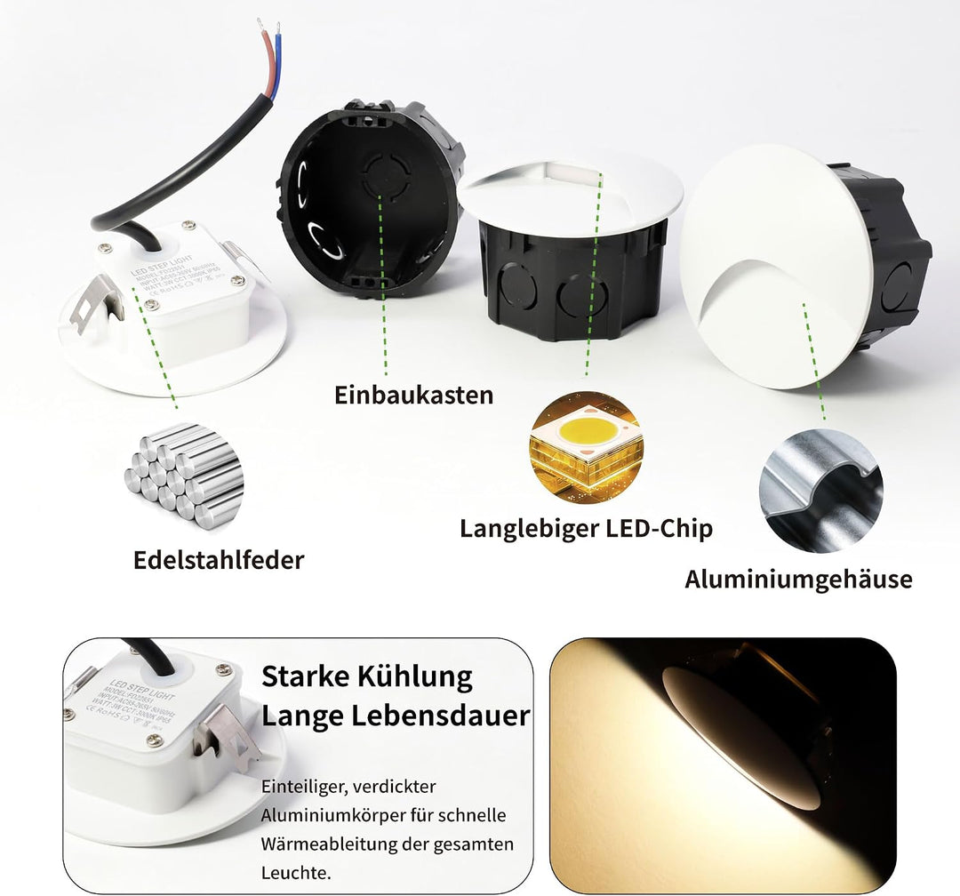 4Stk. LED Einbauleuchte für Treppenleuchte 3W, IP65 Wasserdichte Treppenbeleuchtung Treppen Licht St