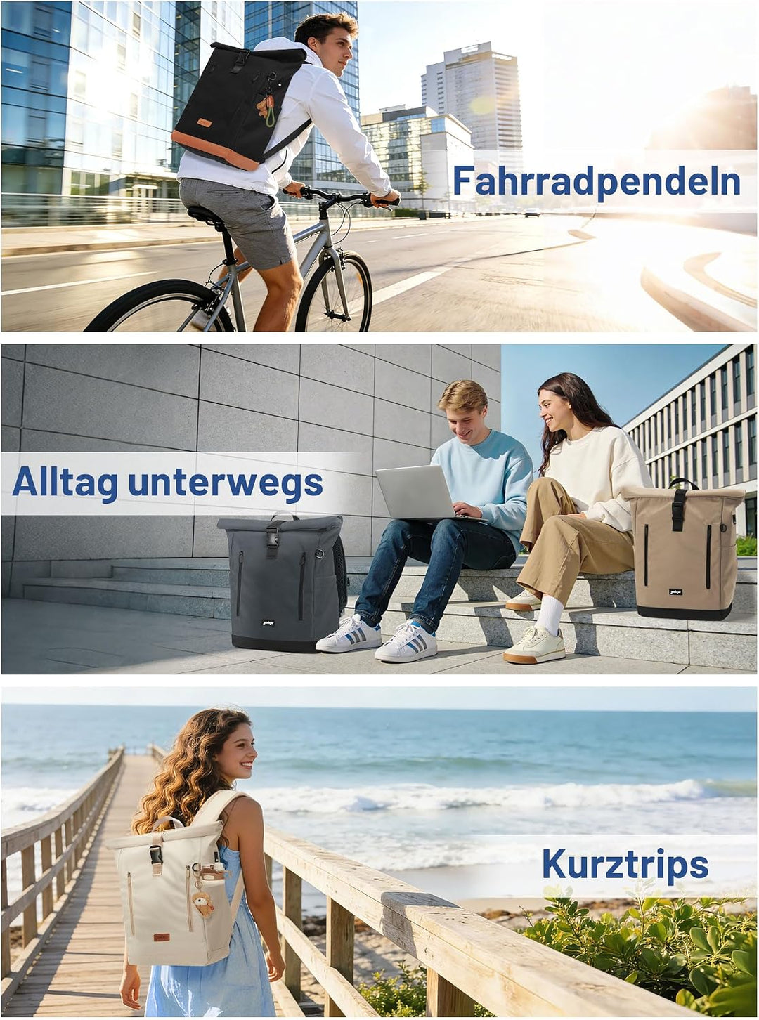 Rucksack Damen &amp; Herren, 24-30L Rolltop Rucksack Laptoprucksack mit 17 Zoll Laptopfach &amp; USB Anschlu