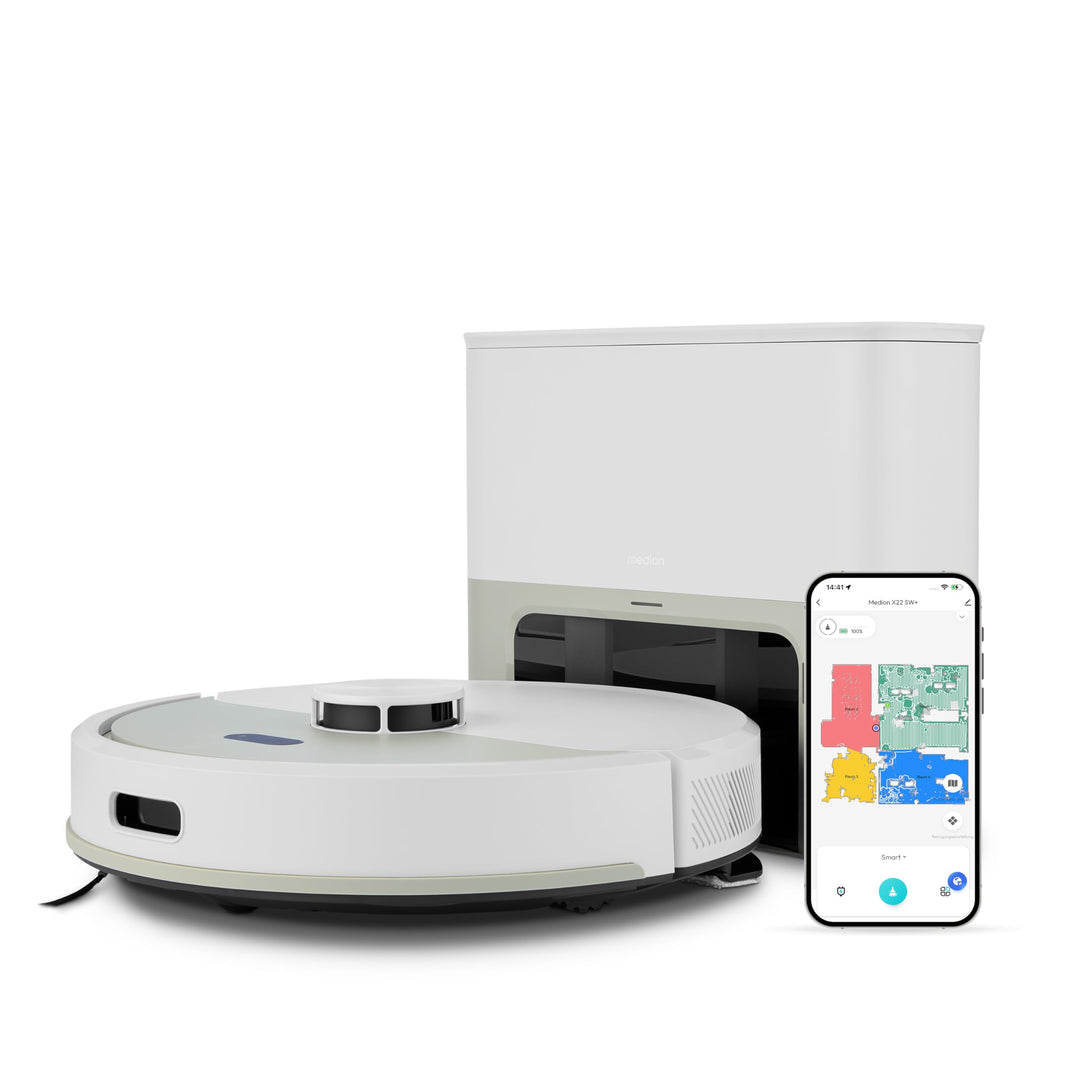 MEDION Saugroboter mit Absaugstation und Wischfunktion X22 SW+ (Lasernavigation, Starke 5000Pa Saugk
