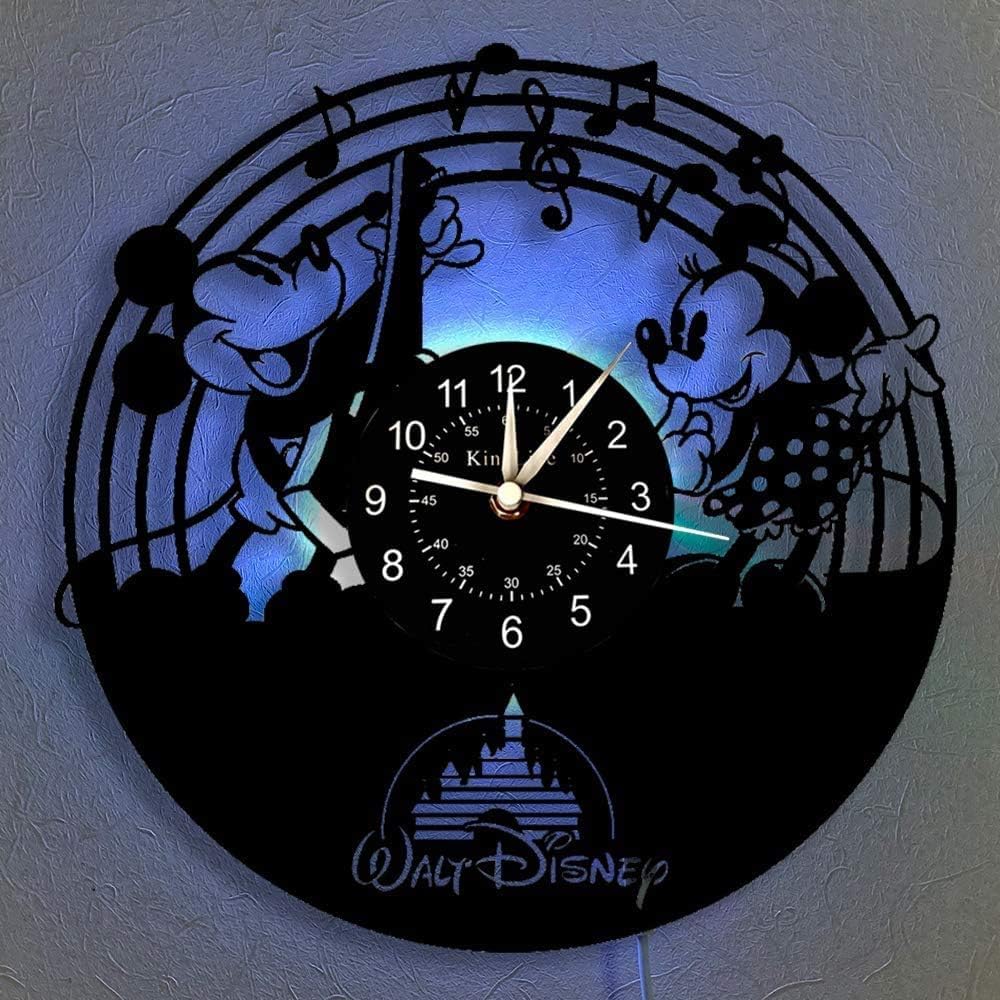 Smotly Vinyl-Wanduhr, Mickey Mouse Vintage Clock LED hängende Nachttischlampe 7 Farbe Wanduhr, Carto