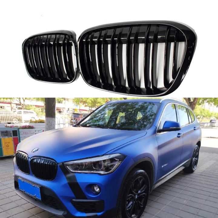 HZTWFC Ein Paar glänzender schwarzer Dual-Schiefergrilles Frontstossstange Nierenkühler für BMW x1 F