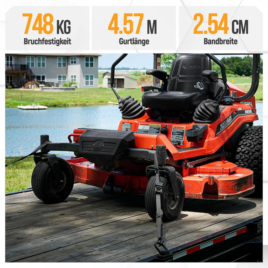 FORTEM Spanngurte - 748 kg Bruchfestigkeit, 4 x 4,57 m Mit Ratsche - 4 Weiche Zurrschlaufen, Zurrgur