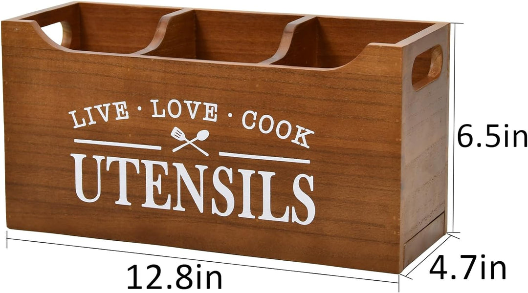 Karisky Kitchen Utensilhalter mit Drainageboden, grosse 3 Fächer fester echtes Holz Utensil Organize