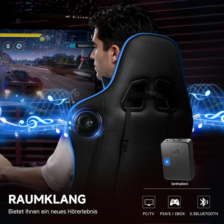 GTPLAYER Gaming Stuhl mit Fussstützen Lautsprecher Bluetooth, Gamer Stuhl Ergonomischer Computerstuh