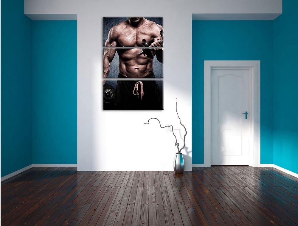Pixxprint Starker Bodybuilder mit Hantel / 3-Teilig/Gesamtmass 120cm Leinwandbild bespannt auf Holzr
