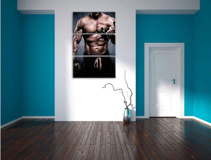 Pixxprint Starker Bodybuilder mit Hantel / 3-Teilig/Gesamtmass 120cm Leinwandbild bespannt auf Holzr