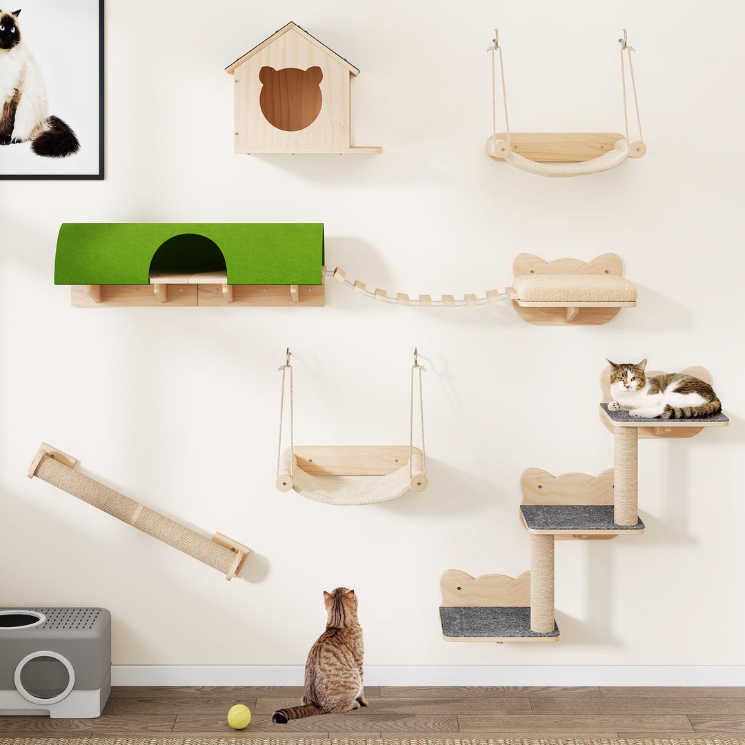 YITAHOME Katzenkletterwand-Set, Stabiler Holz Katzenmöbel, 7-Teilig Katzen Wandelemente mit Katzenha
