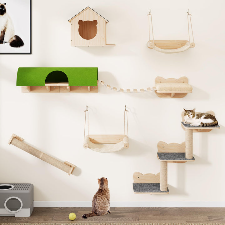 YITAHOME Katzenkletterwand-Set, Stabiler Holz Katzenmöbel, 7-Teilig Katzen Wandelemente mit Katzenha