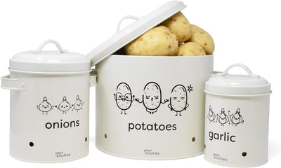 Joejis 3er Set Kartoffel Zwiebel Knoblauch Aufbewahrungsbox -Grosser Vorratsbehälter aus Metall - St