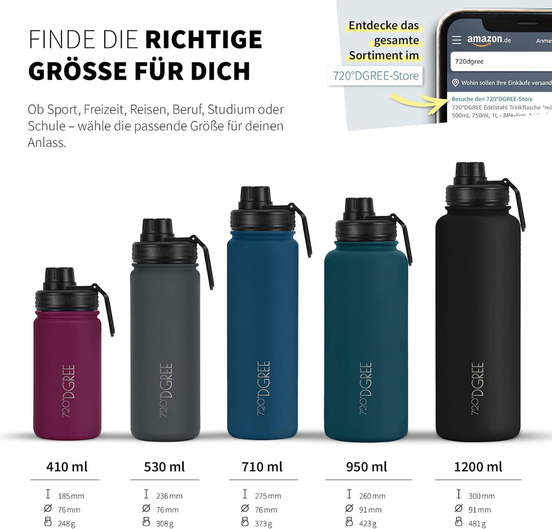 720°DGREE Edelstahl Trinkflasche “noLimit” – 1200ml - Auslaufsicher, Kohlensäure geeignet, BPA-Frei