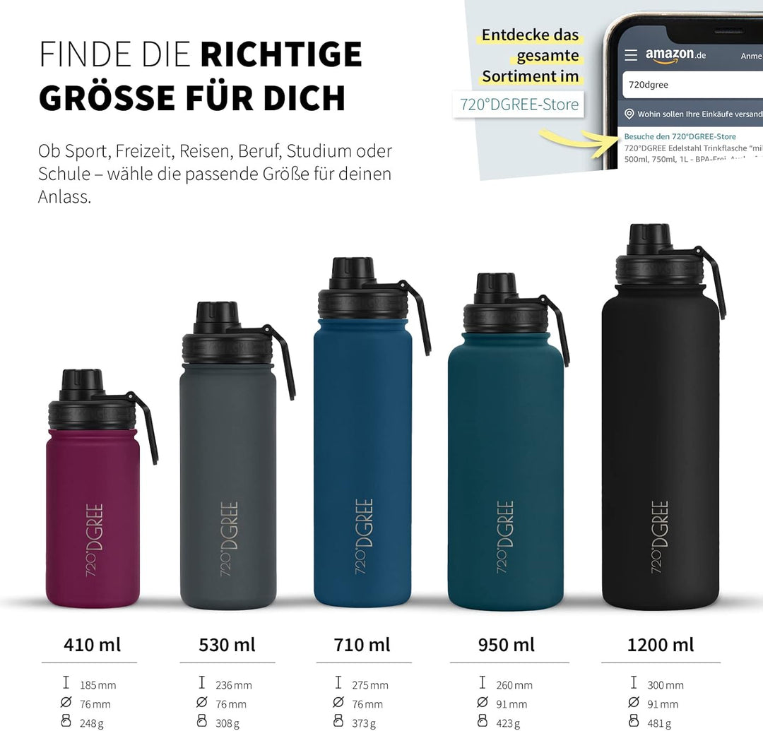 720°DGREE Edelstahl Trinkflasche “noLimit” – 950ml - Auslaufsicher, Kohlensäure geeignet, BPA-Frei -