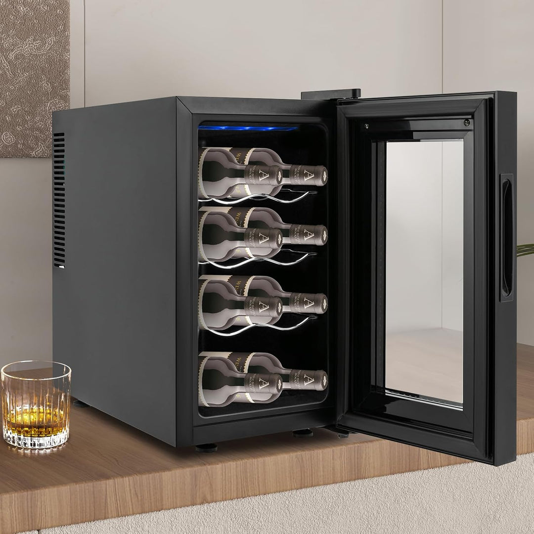 Elektrischer Weinkühlschrank 8 Flaschen,8-18 ℃ Digitaldisplay LED-Licht | Weinkühlschrank Vollglas-D