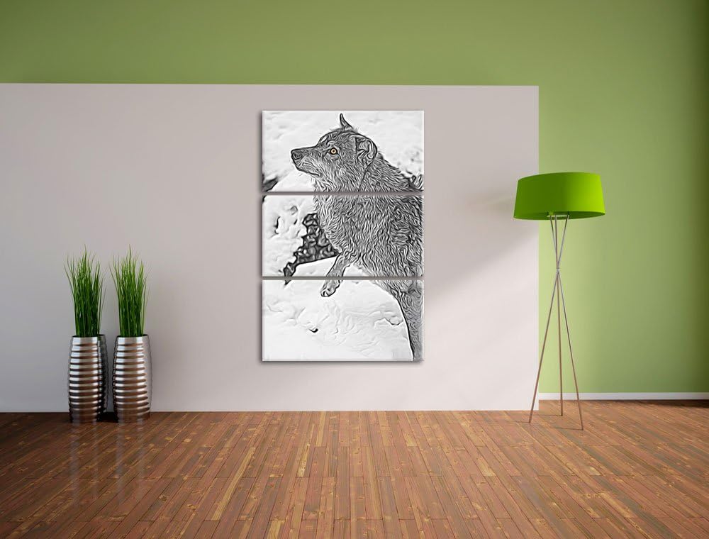 schöner Wolf im Schnee schwarz/weiss Deluxe 3-Teiler Leinwandbild 120x80 Bild auf Leinwand, XXL ries