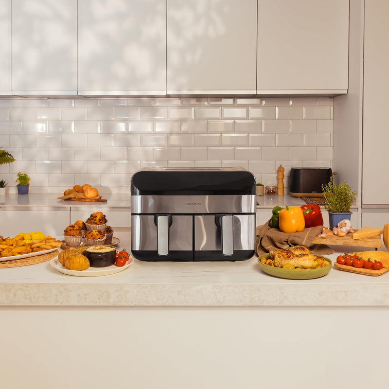 Cecotec Digitale Heissluftfritteuse mit 9L - Air Fryer Cecofry Advance 9000 Inox. 2800W, 2 Behälter,