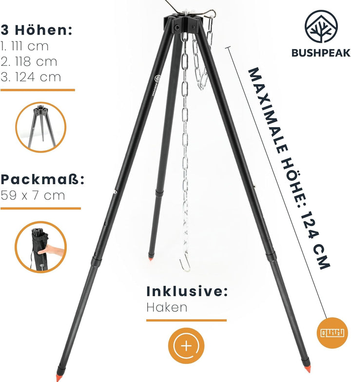 Grill Dreibein Camping Alustand Compact 124cm - Verstellbarer Schwenkgrill höhenverstellbar inklusiv
