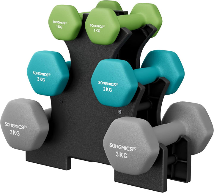 SONGMICS Hanteln, Hantelset, Kurzhanteln, Hexagon, mit Hantelständer, 2 x 1 kg, 2 x 2 kg, 2 x 3 kg,