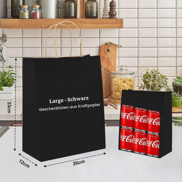 Gucass 50 Stück Gross Papiertüten mit Henkel, Schwarz Kraft Papiertaschen Geschenktüten, 26x12x33cm