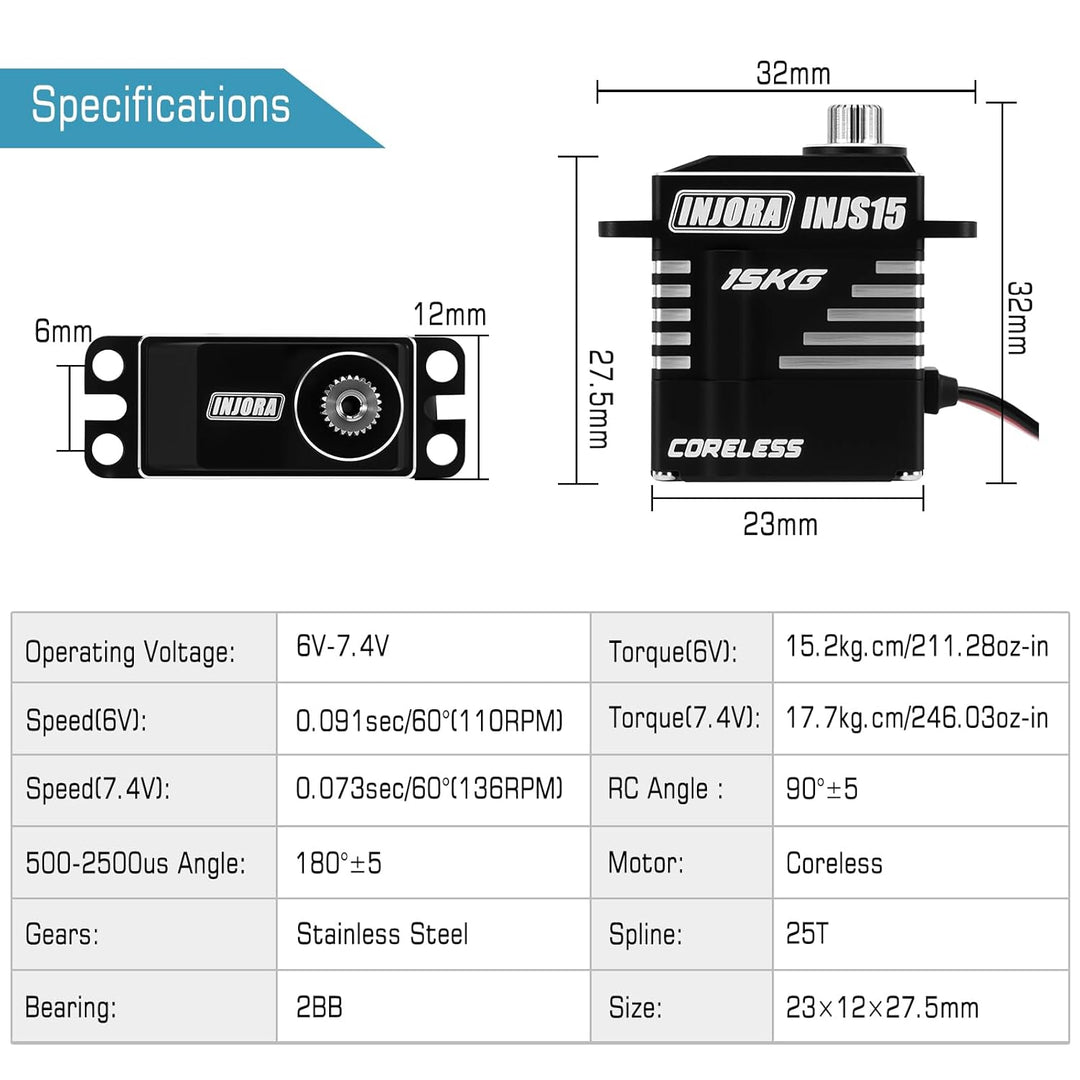 INJORA INJS15 15KG Kernloser Mikroservo mit Hohem Drehmoment für 1/18 1/24 RC Crawler Upgrade