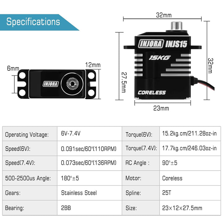 INJORA INJS15 15KG Kernloser Mikroservo mit Hohem Drehmoment für 1/18 1/24 RC Crawler Upgrade