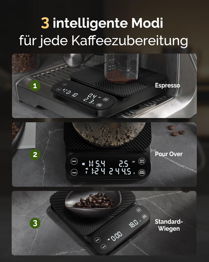 Maestri House S3 Kaffeewaage mit Timer, 3kg/0,1g Wiederaufladbar Digitale Espresso Waage, 3 Brühmodi