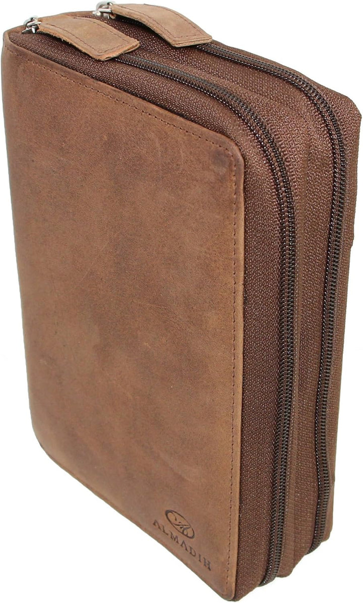 ALMADIH Leder A6 Kombimappe 2 Reissverschluss Fächer Kalender 2024 Premium Rindsleder Braun Vintage