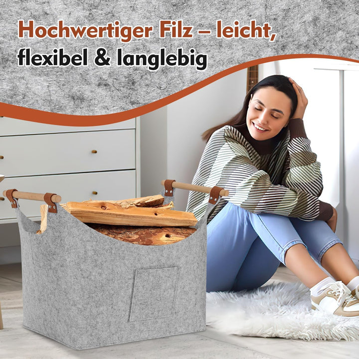 Grosser Feuerholz-Korb aus 5mm starkem rPET Filz - Holzgriffe &amp; wasserabweisend für Gartenholz Lager