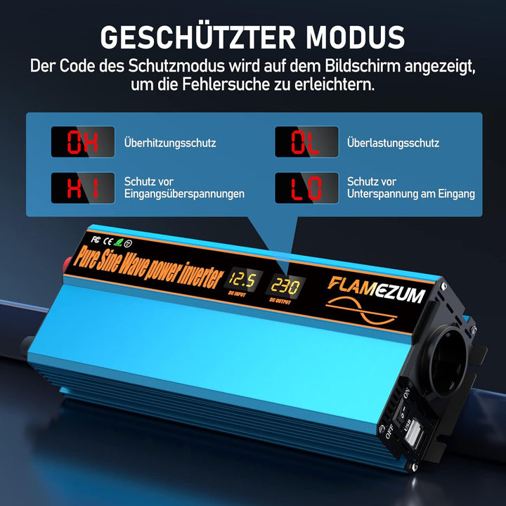 1000w Spannungswandler 12v Auf 230v Reiner Sinus Wechselrichter mit 1 EU-Steckdose und 2 USB Autolad