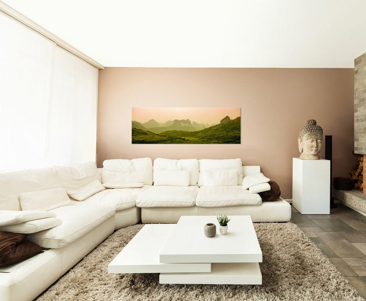 Paul Sinus Art Panoramabild auf Leinwand und Keilrahmen 150x50cm Berge Wald Natur Nebel Morgendämmer