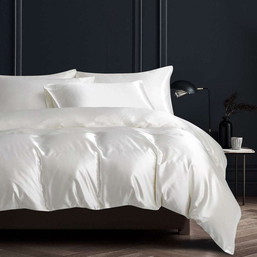 Damier Bettwäsche 200x200cm Weiss Satin Glänzend Bettbezug Set 3 Teilig Deluxe Hotelqualität Satin D