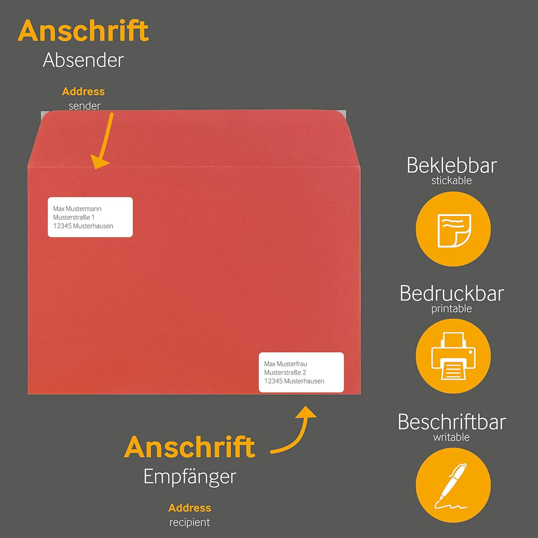 100 Stück, Farbige Briefumschläge, DIN C5, Haftklebung mit Abziehstreifen, Gerade Klappe, 120 g/qm C
