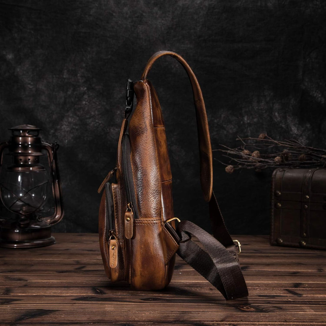 Le'aokuu Herren Echtes Leder Brusttasche Umhängetasche Sport Outdoor Messenger Bag Wanderrucksäcke 8