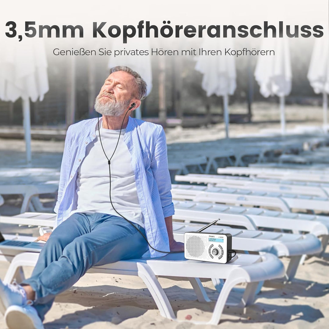 PRUNUS J-408 UKW DAB Radio mit Bluetooth 5.3, DAB Plus Radio Batteriebetrieben oder 2000mAh Akkubetr