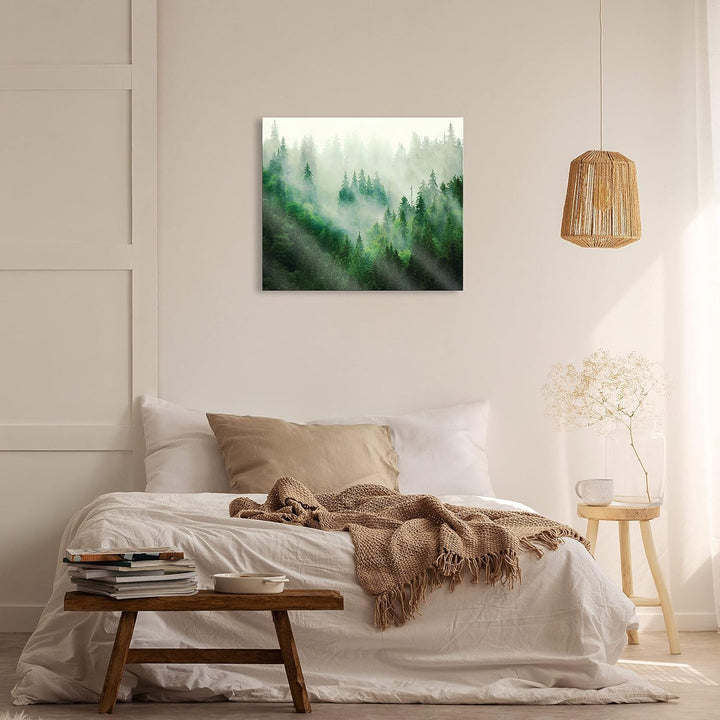 Glasbild Wald im Nebel Natur Landschaft 80x60 cm Modern Glasbilder Wohnzimmer Schlafzimmer Badezimme