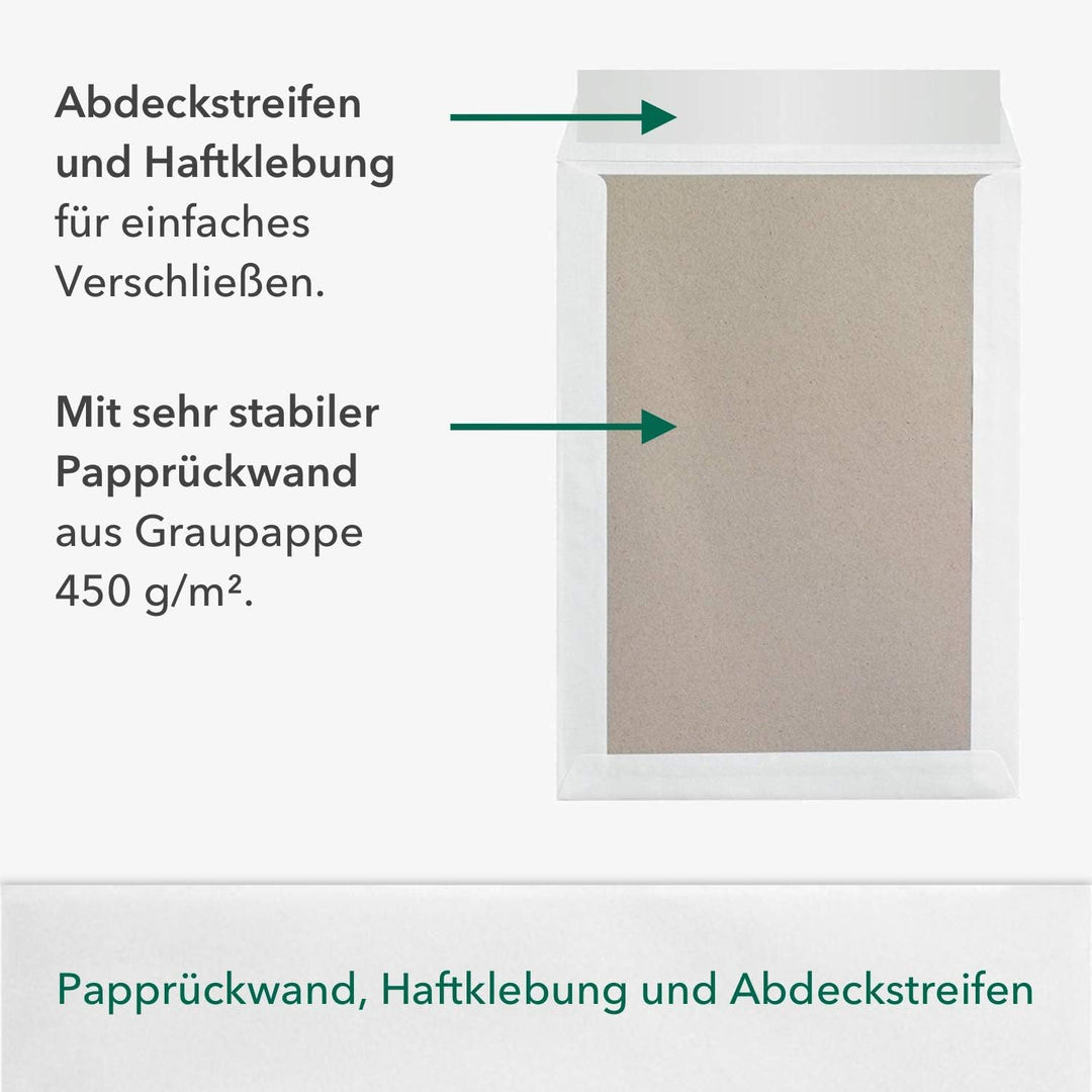 50 Stück Premium Versandtaschen B4 in Weiss, mit Papprückwand, Haftklebung und Abdeckstreifen, 250 x
