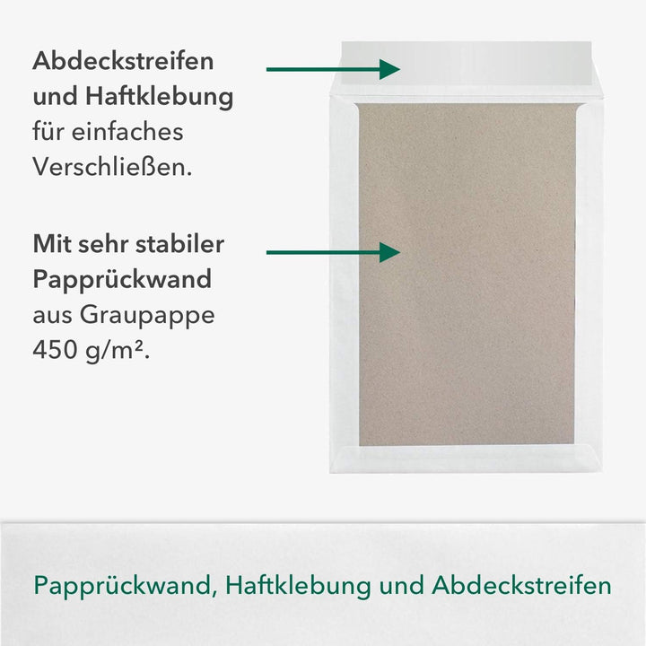 50 Stück Premium Versandtaschen B4 in Weiss, mit Papprückwand, Haftklebung und Abdeckstreifen, 250 x