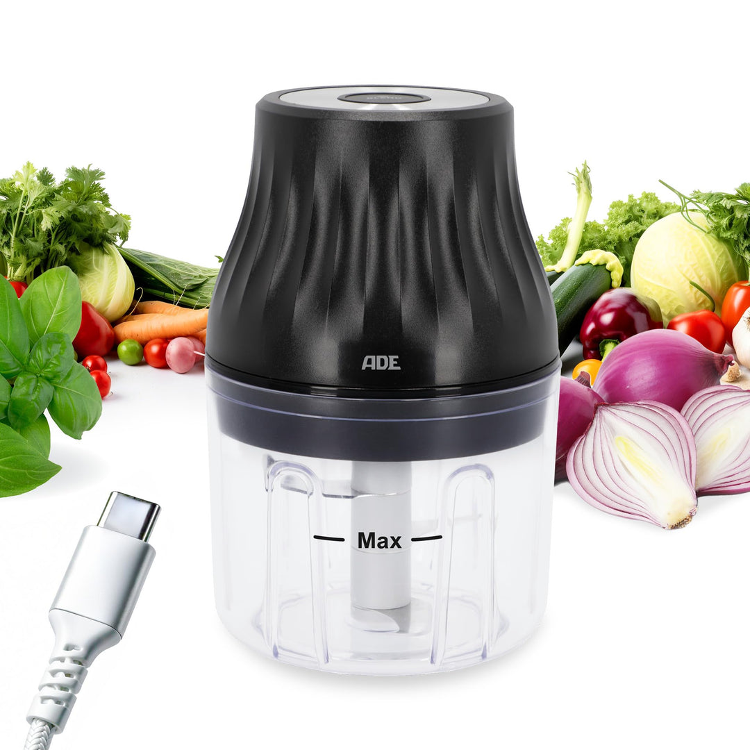 ADE Zwiebel Zerkleinerer Küche elektrisch mit Akku | Mini Mixer klein für Pesto, Kräuter, Sossen, Di