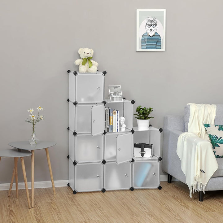 SONGMICS Regalsystem, Schuhregal, Set aus 9 Würfeln, Kleiderschrank aus Kunststoff, mit Türen, Steck