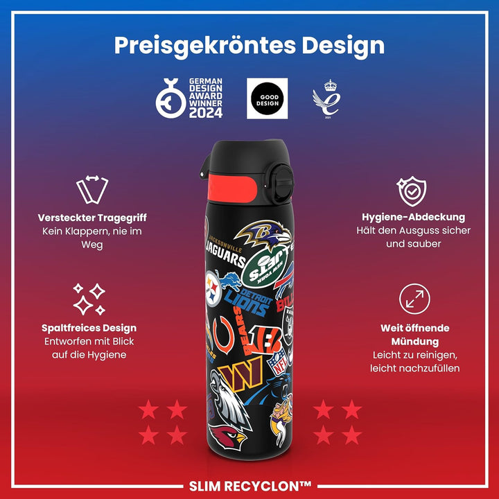 NFL Edelstahl-Trinkflasche, Auslaufsicher, Einhandöffnung, Sichere Verriegelung, Spülmaschinenfest,