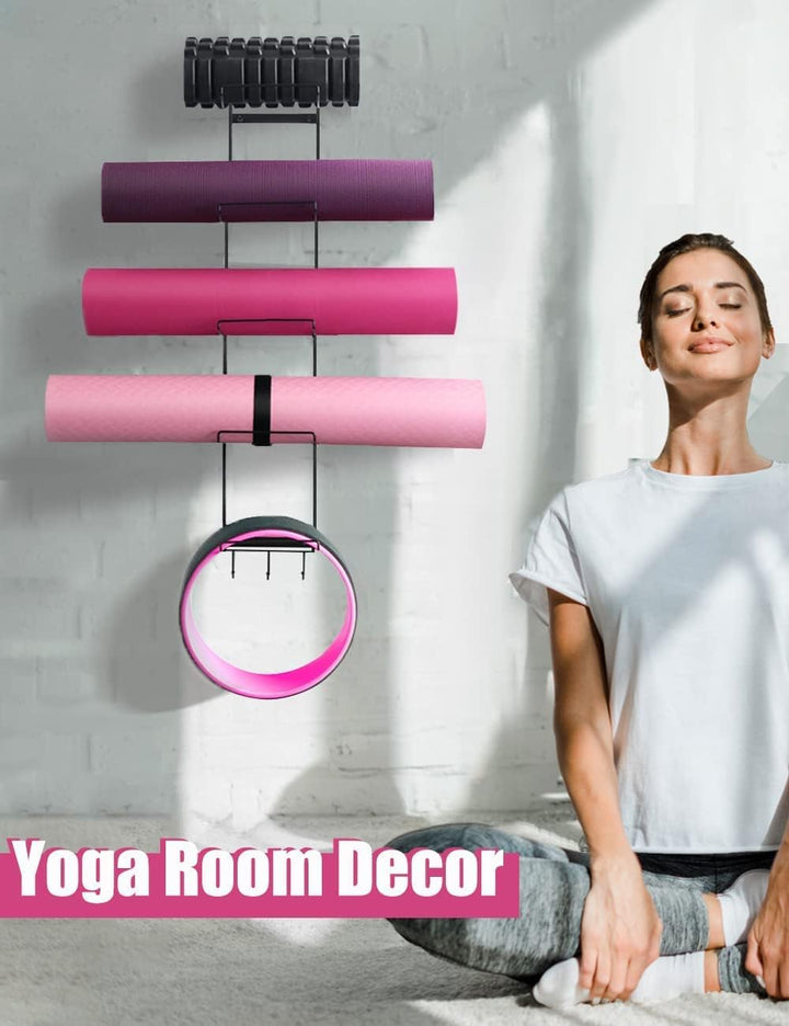 Yogamattenhalter mit 5 Ebenen, Wandhalterung, Metall-Aufbewahrungsregal für Yogamatten/Räder, Schaum