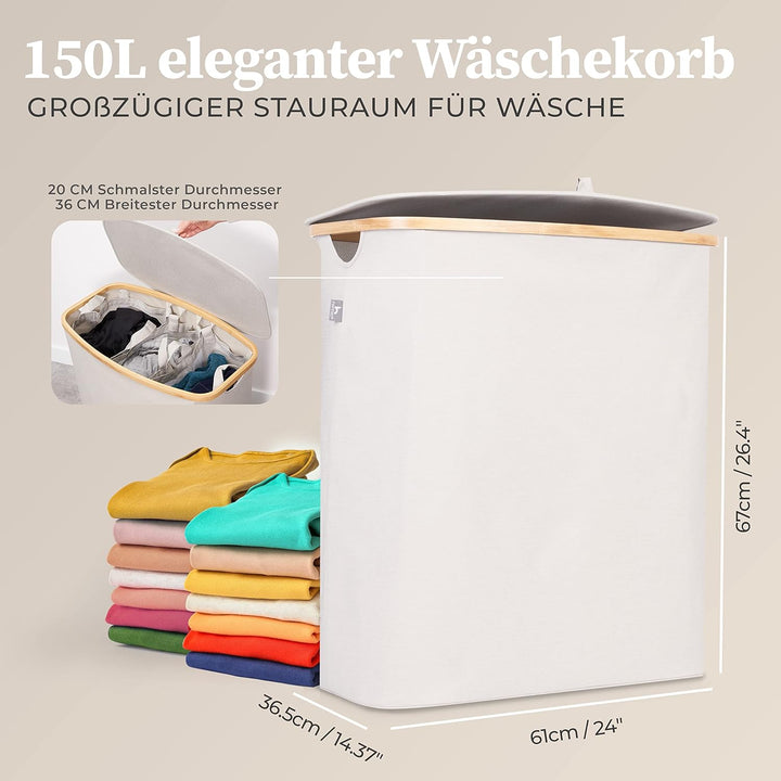 Hennez Wäschebox 150L - Wäschekorb 3 Fächer - Deckel - Wäschesortierer mit Wäschesack - Laundry Bask