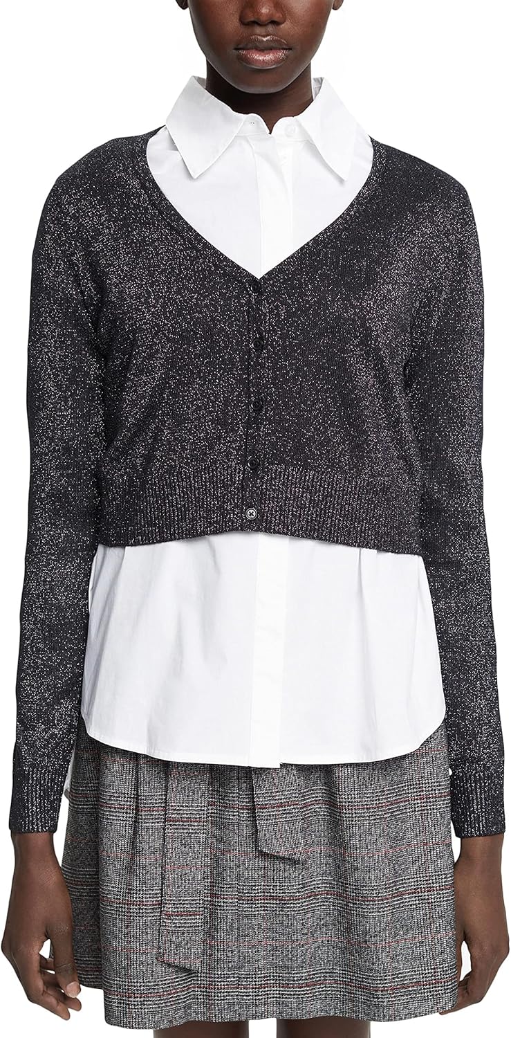 ESPRIT Kurzer Cardigan mit V-Ausschnitt und Glitzer-Effekt L 003/Black 3, L 003/Black 3