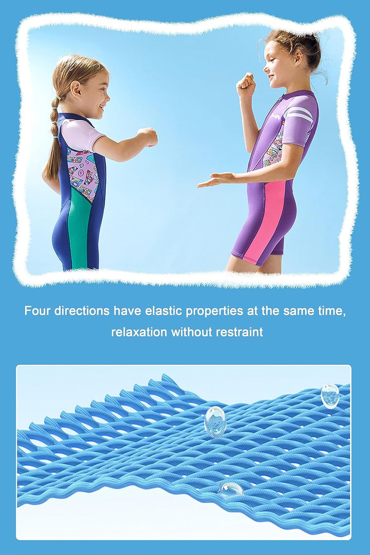 Mädchen 2.5mm Neoprenanzug Kinder Einteiler Tauchanzug Tropisch Violet Kurzarm Shorty Badeanzug Schn