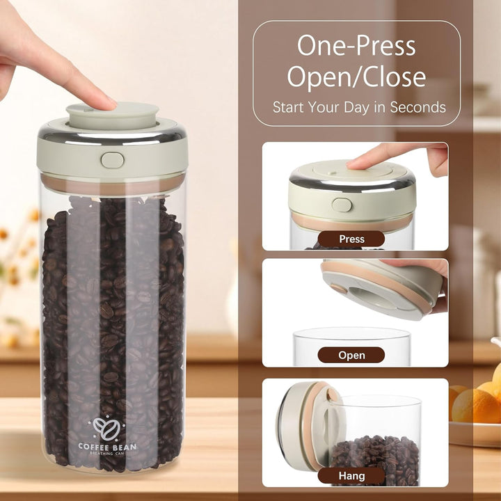 Kaffeedose Luftdicht Glas, 1.7L Kaffeebohnen Behälter mit Auslassventil und Datumsanzeige, Transpare